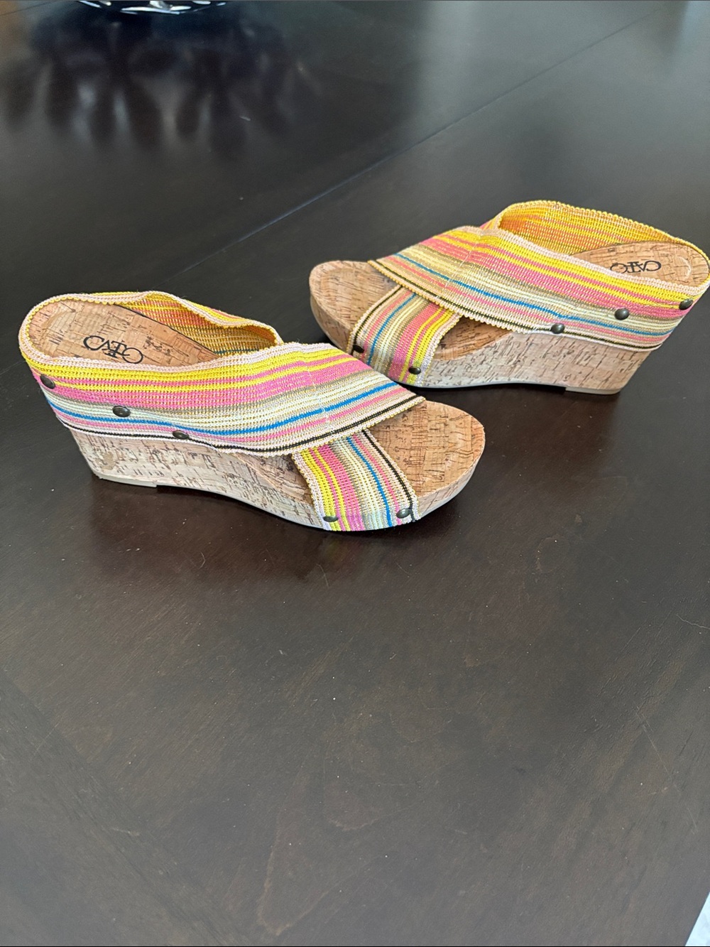 Cato Striped Multicolor Cork Wedge Sandals - Yellow, Pink, Blue